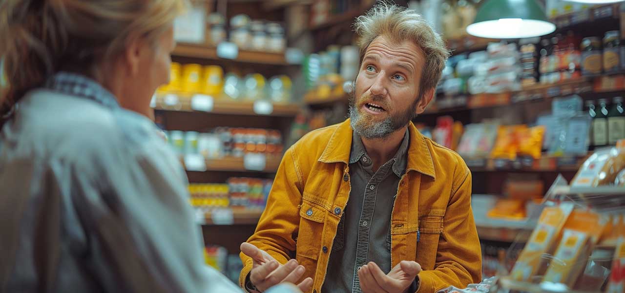 Man in yellow jacket in discussion with a shop assistant